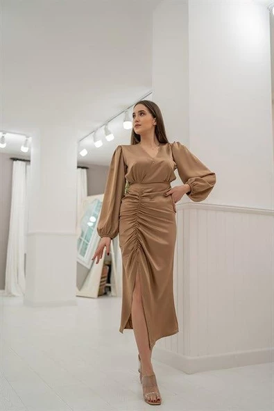 V Yaka Saten Elbise - Resim 3