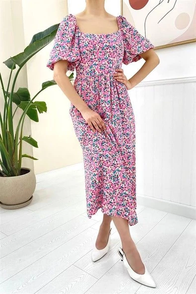 Çiçek Desenli Sırt Detaylı Elbise - Resim 2