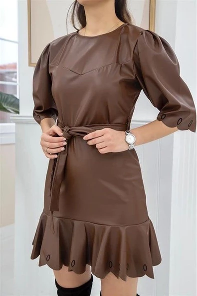 Deri Mini Elbise - Resim 4