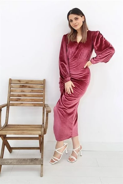 V Yaka Yırtmaçlı Kadife Elbise - Resim 2