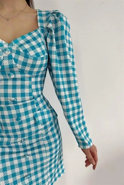 Kare Desenli Kalem Elbise - Resim 3