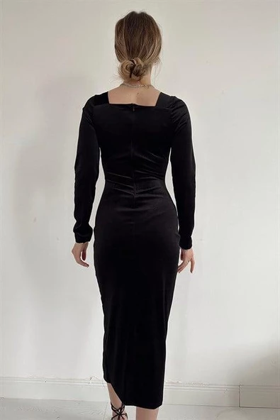 Kalp Yaka Kadife Elbise - Siyah - Resim 4