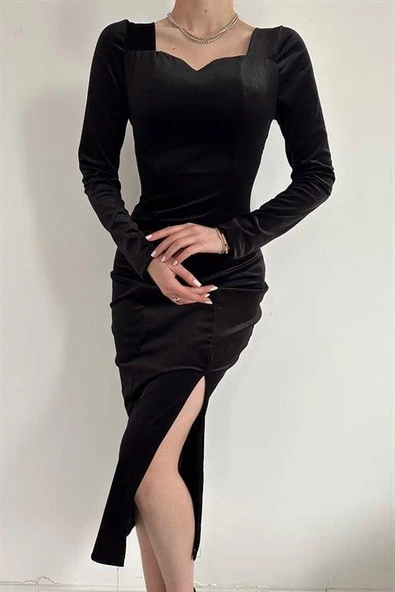 Kalp Yaka Kadife Elbise - Siyah - Resim 2