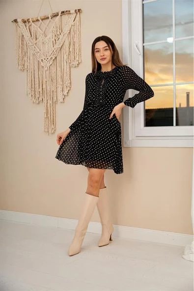 Puantiyeli Şifon Elbise - Resim 2