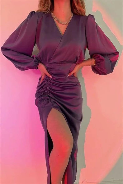 V Yaka Saten Elbise - Resim 3