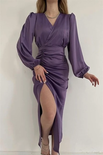 V Yaka Saten Elbise - Resim 4