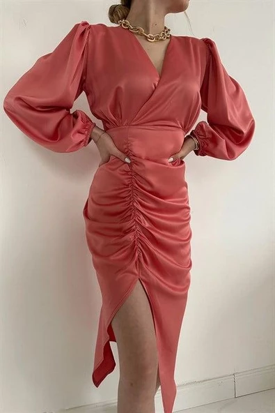 V Yaka Saten Elbise - Resim 3