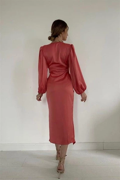 V Yaka Saten Elbise - Resim 5