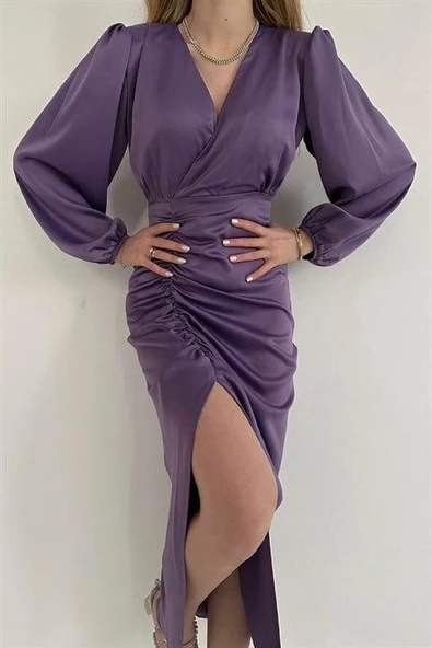 V Yaka Saten Elbise - Resim 6