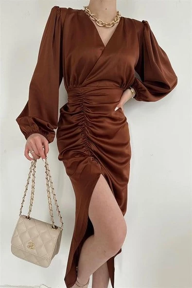 V Yaka Saten Elbise - Resim 2