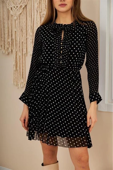 Puantiyeli Şifon Elbise - Resim 4