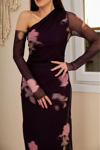 Tek Omuz Tül Elbise - Resim 6