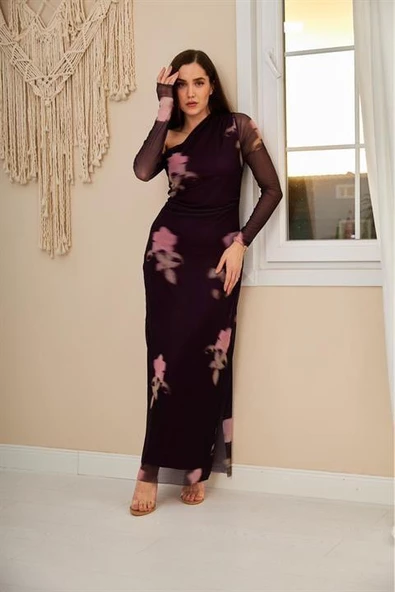 Tek Omuz Tül Elbise - Resim 2