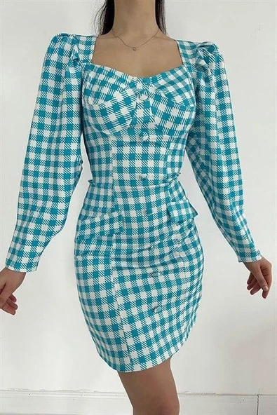 Kare Desenli Kalem Elbise - Resim 2