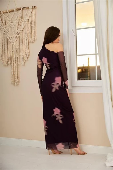 Tek Omuz Tül Elbise - Resim 3