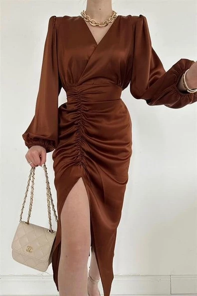 V Yaka Saten Elbise - Resim 3