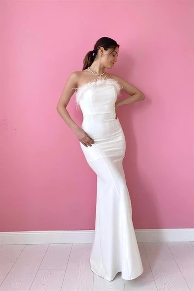 Straplez Yaka Tüylü Abiye - Resim 4