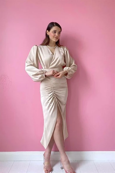 V Yaka Saten Elbise - Resim 2