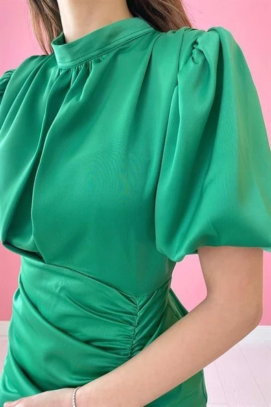 Büzgülü Saten Elbise - Resim 3