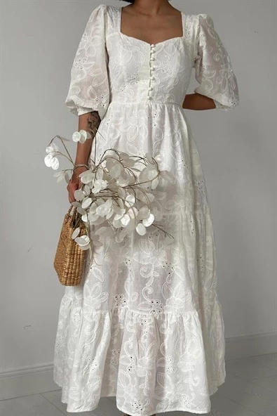 Düğmeli Brode Elbise - Resim 3