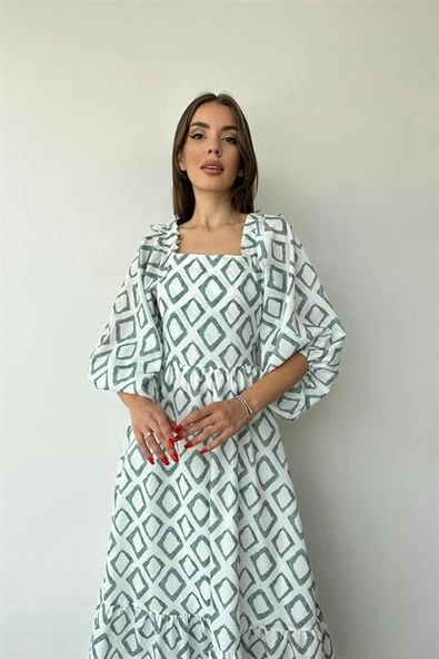 Kare Yaka Diamond Desenli Elbise - Resim 3