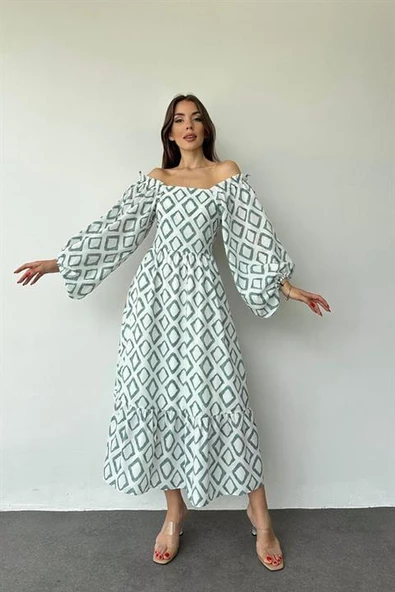 Kare Yaka Diamond Desenli Elbise - Resim 2