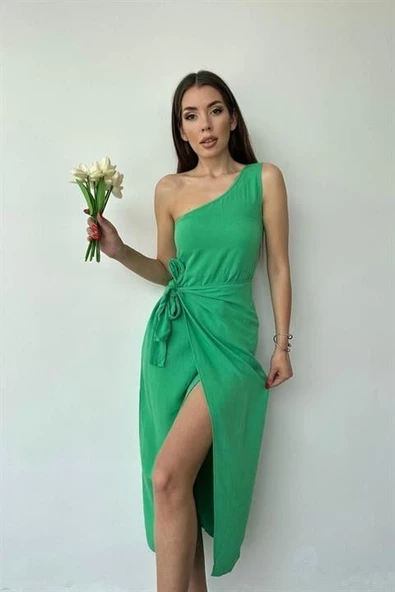 Tek Omuzlu Belden Bağlamalı Elbise - 3