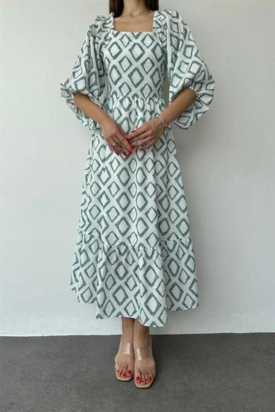 Kare Yaka Diamond Desenli Elbise - Resim 4