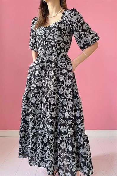 Düğmeli Brode Elbise - 4