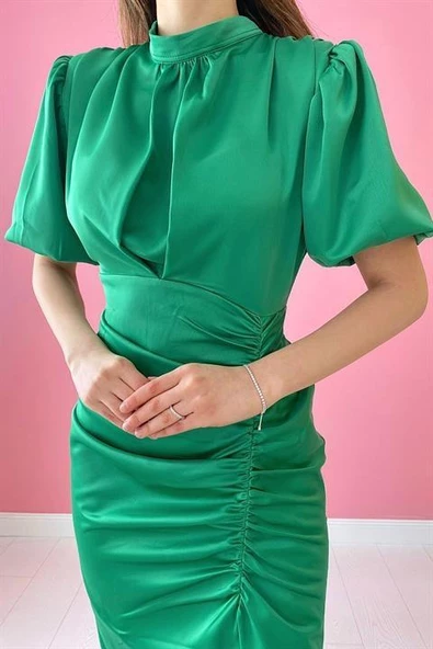 Büzgülü Saten Elbise - Resim 2