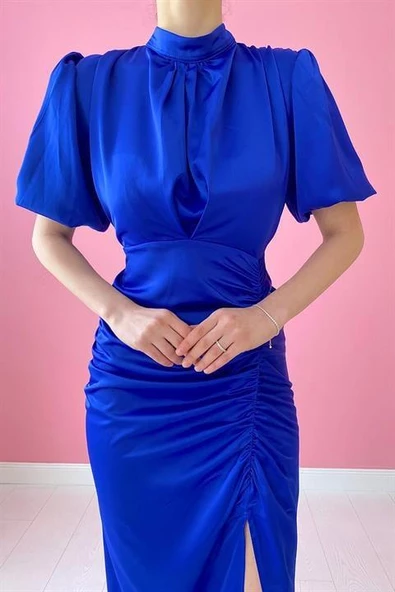 Büzgülü Saten Elbise - Resim 4