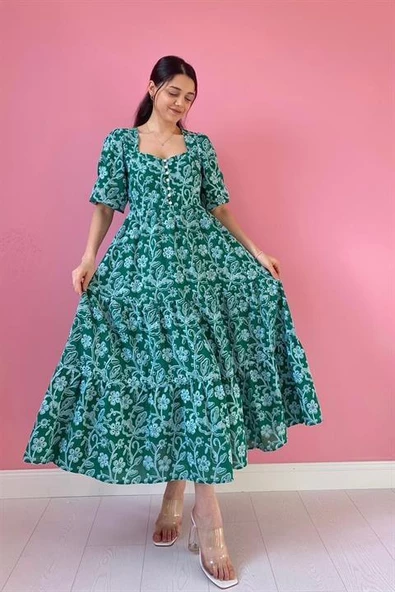 Düğmeli Brode Elbise - Resim 3