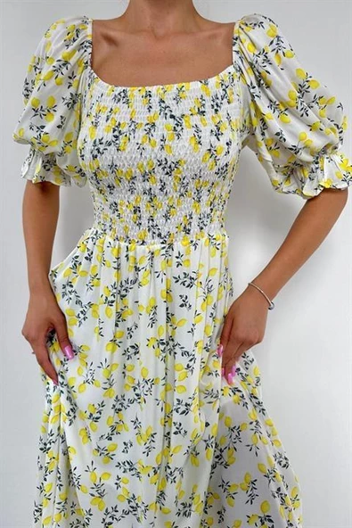 Baskılı Gipe Detaylı Elbise - Resim 4