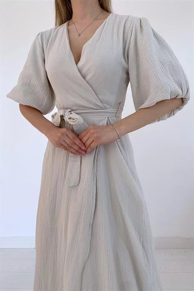 Bej Kuşaklı Müslin Elbise - Resim 5