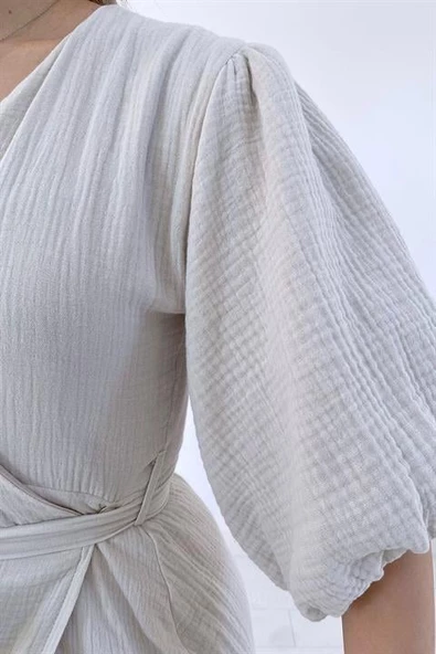 Bej Kuşaklı Müslin Elbise - Resim 7