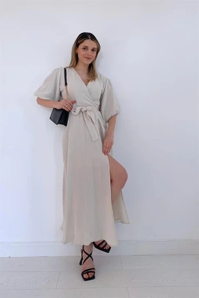 Bej Kuşaklı Müslin Elbise - Resim 3