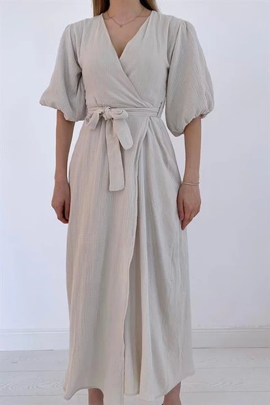 Bej Kuşaklı Müslin Elbise - Resim 6