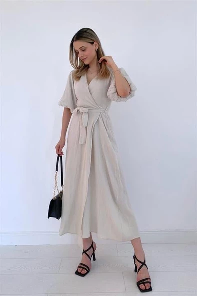 Bej Kuşaklı Müslin Elbise - Resim 2