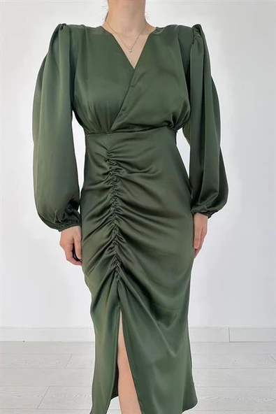 V Yaka Saten Elbise - Resim 5