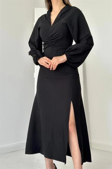 Büzgülü Krep Elbise - Resim 5