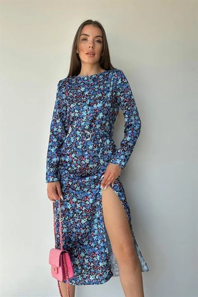 Eteği Yırtmaçlı Kemerli Elbise - Resim 2