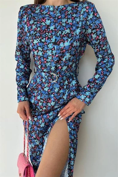 Eteği Yırtmaçlı Kemerli Elbise - Resim 3