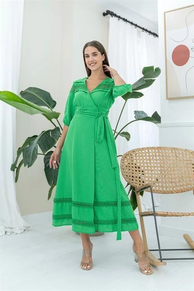 Dantel Detay Keten Elbise - Resim 2