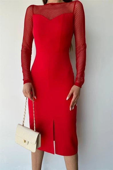 Tül Detaylı Midi Elbise - Resim 4