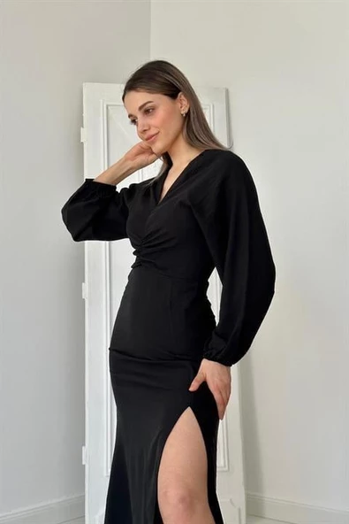 Büzgülü Krep Elbise - Resim 3