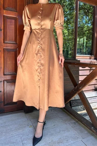 Düğme Kapamalı Saten Elbise - 5