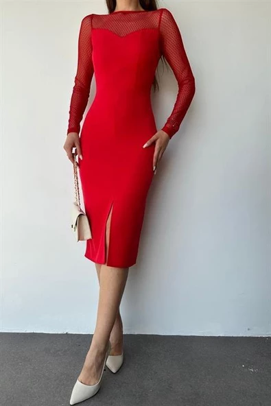 Tül Detaylı Midi Elbise - Resim 3