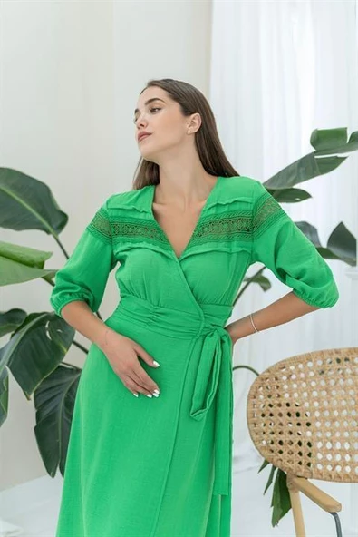 Dantel Detay Keten Elbise - Resim 4