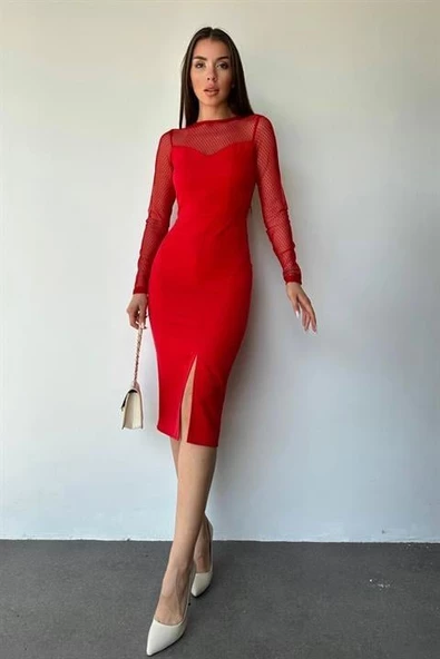 Tül Detaylı Midi Elbise - Resim 2