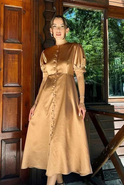 Düğme Kapamalı Saten Elbise - 3